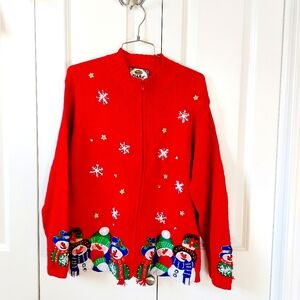 Christmas Caroling Snowman Red Zip Cardigan size‎ Medium Tiara Beaded Holiday